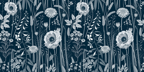 Fototapety  Wild flowers and herbs. Navy blue seamless pattern.