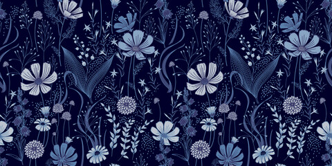 Wild flowers and herbs. Navy blue seamless pattern.