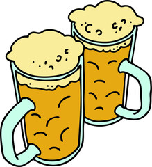Beer mug full of foamy cold drink. Traditional German beverage. Octoberfest symbol, brewery logo, advertising sign for poster design or postcard. Hand drawn illustration. Cartoon style vector drawing.