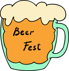 Beer mug full of foamy cold drink. Traditional German beverage. Octoberfest symbol, brewery logo, advertising sign for poster design or postcard. Hand drawn illustration. Cartoon style vector drawing.