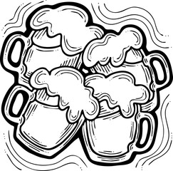 Beer mug full of foamy cold drink. Traditional German beverage. Octoberfest symbol, brewery logo, advertising sign for poster design or postcard. Hand drawn illustration. Cartoon style vector drawing.