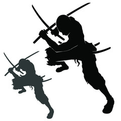 A black silhouette of a samurai warrior in a low combat stance with two crossed katanas ready to cut his enemies into pieces, he is without outerwear and bald. 2d dynamic action vector art