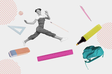 Creative collage picture of crazy funny small girl black white effect jump school supply equipment isolated on drawing background