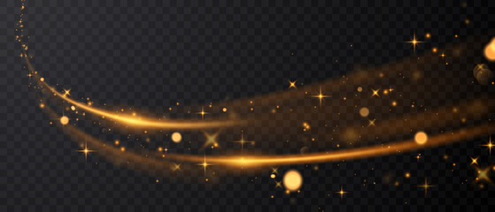 golden sparkling background design with light effect The gold dust and stars shine on a transparent background that can be separated.