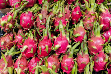 Obraz na płótnie Canvas White-Fleshed dragon fruit (Pitaya Blanca) display in supermarket