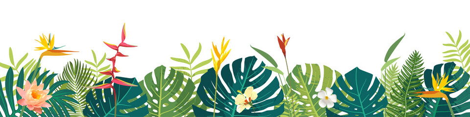 Vector Hawaiian Balinese Polinesian Summer beautiful jungle exotic leaves long horizontal banner. Botanical summer design. Monstera, hibiscus, bird of paradise, plumeria flowers, tropical plants - obrazy, fototapety, plakaty