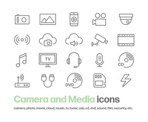 カメラ,写真,動画,スマートフォン,テレビ等のメディアに関するアイコンセット。音声,チューナー,マイク,ヘッドセット,セキュリティに関するアイコンが含まれている。