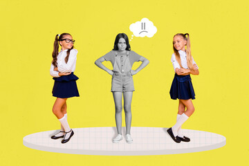 Collage portrait of three little girls crossed arms look unsatisfied classmate black white effect...