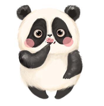 Cute chinese cartoon watercolor cute panda teddy bear hand drawn on white background. Adorable cheerful lovely nursery childish animal with a butterfly.