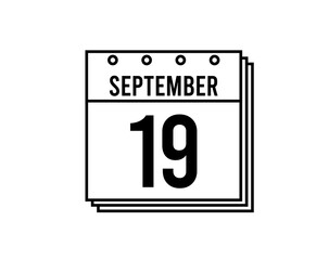 September 19 calendar. September month calendar black and white icon. Simple 3D vector.