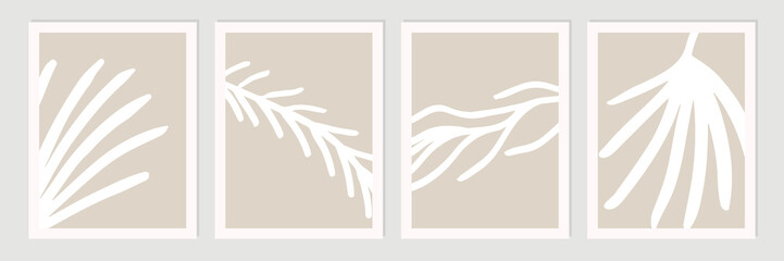 Set of abstract organic shapes, leaves, lines and textures in white on neutral nude and beige background.