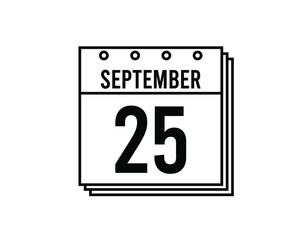 September 25 calendar. September month calendar black and white icon. Simple 3D vector.