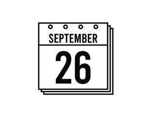 September 26 calendar. September month calendar black and white icon. Simple 3D vector.