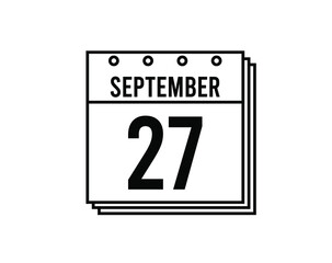 September 27 calendar. September month calendar black and white icon. Simple 3D vector.