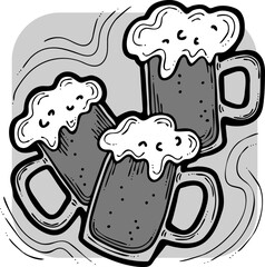 Beer mug full of foamy cold drink. Traditional German beverage. Octoberfest symbol, brewery logo, advertising sign for poster design or postcard. Hand drawn illustration. Cartoon style vector drawing.