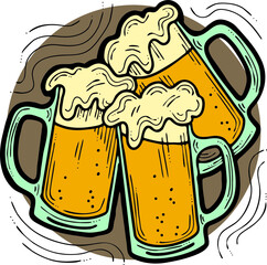 Beer mug full of foamy cold drink. Traditional German beverage. Octoberfest symbol, brewery logo, advertising sign for poster design or postcard. Hand drawn illustration. Cartoon style vector drawing.