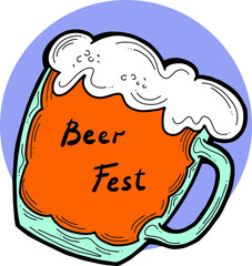 Beer mug full of foamy cold drink. Traditional German beverage. Octoberfest symbol, brewery logo, advertising sign for poster design or postcard. Hand drawn illustration. Cartoon style vector drawing.