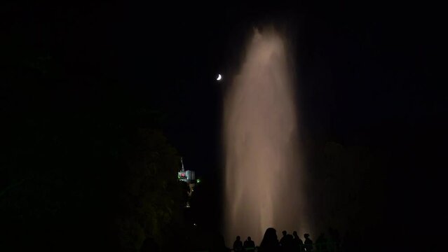 Footage of a huge fountain at the bottom of the hercules in kassel germany at a local festival called "Wasserspiele Kassel"