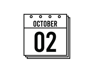 October 2 calendar. October month calendar black and white icon. Simple 3D vector.