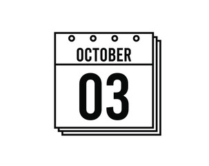 October 3 calendar. October month calendar black and white icon. Simple 3D vector.