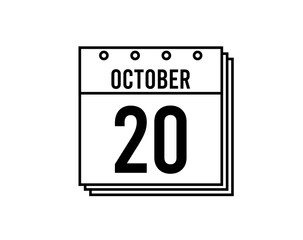 October 20 calendar. October month calendar black and white icon. Simple 3D vector.
