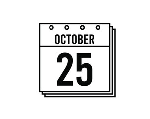 October 25 calendar. October month calendar black and white icon. Simple 3D vector.