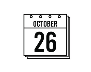 October 26 calendar. October month calendar black and white icon. Simple 3D vector.