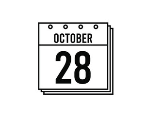 October 28 calendar. October month calendar black and white icon. Simple 3D vector.