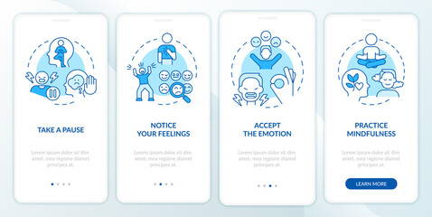 Emotional regulation skills blue onboarding mobile app screen. Walkthrough 4 steps editable graphic instructions with linear concepts. UI, UX, GUI template. Myriad Pro-Bold, Regular fonts used