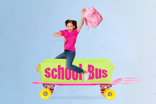 Composite collage image of excited happy mini girl hold bag ride skateboard school bus isolated on creative background