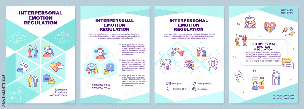 Sticker Interpersonal emotion regulation brochure template. Leaflet design with linear icons. Editable 4 vector layouts for presentation, annual reports. Arial-Black, Myriad Pro-Regular fonts used