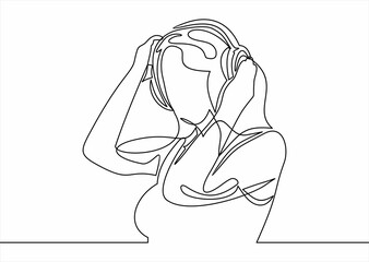  woman listening to music in headphones-Continuous one line