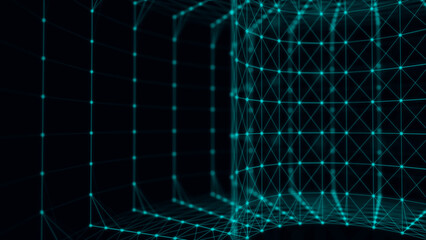 Sci-fi torus with particles and lines. Concept network connection. Abstract technology background. 3d rendering.