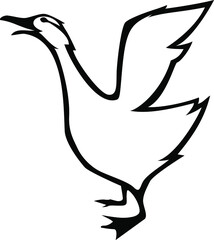 A screaming goose with raised wings. Vector isolated monochrome stylized image.