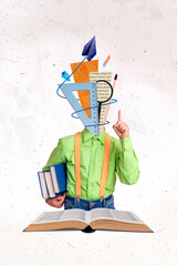 Photo cartoon comics sketch picture of smart clever small kid child studying supplies instead of...