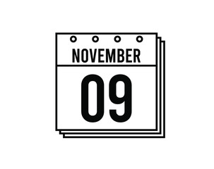 November 9 calendar. November month calendar black and white icon. Simple 3D vector.