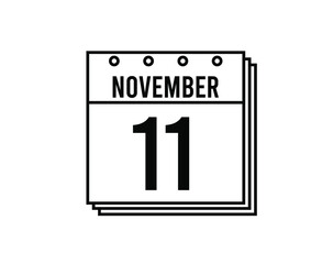 November 11 calendar. November month calendar black and white icon. Simple 3D vector.