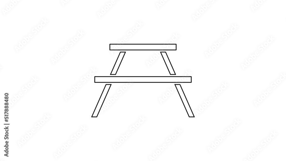 Poster black line picnic table with benches on either side of the table icon isolated on white background. 
