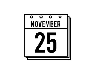 November 25 calendar. November month calendar black and white icon. Simple 3D vector.
