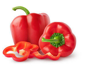 Isolated bell peppers. Two whole red bell pepper with slices isolated on white background with clipping path