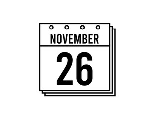 November 26 calendar. November month calendar black and white icon. Simple 3D vector.
