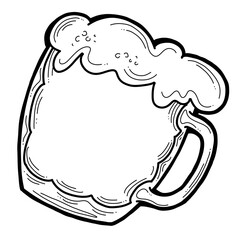 Beer mug full of foamy cold drink. Traditional German beverage. Octoberfest symbol, brewery logo, advertising sign for poster design or postcard. Hand drawn illustration. Cartoon style drawing.