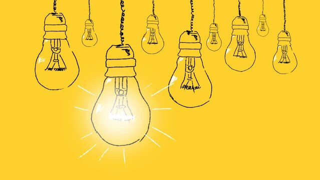 Set of light bulbs hand drawn on a yellow background. Concept of unique thinking. Idea concept.