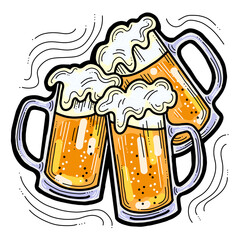 Beer mug full of foamy cold drink. Traditional German beverage. Octoberfest symbol, brewery logo, advertising sign for poster design or postcard. Hand drawn illustration. Cartoon style drawing.