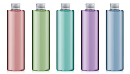 Mockup of transparent bottles for cosmetics with liquid inside isolated on white background for shampoo, cream, shower gel.
