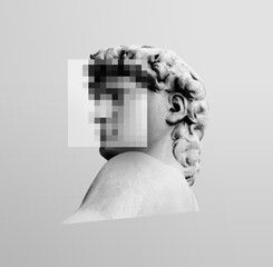 Greek head artwork statue with pixel face template. Style background concept.  - 517889432