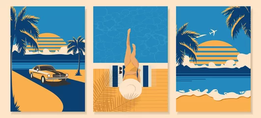  Set of summer posters in retro style with a car, a beach and a girl near the pool. Vector © IVONINA