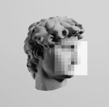 Greek head artwork statue with pixel face template. Style background concept. 
