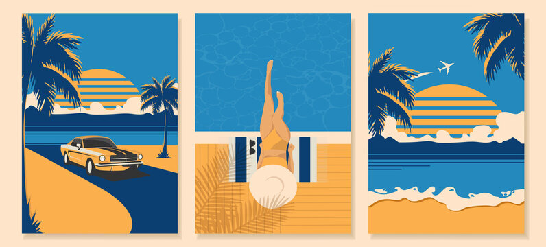 Set of summer posters in retro style with a car, a beach and a girl near the pool. Vector