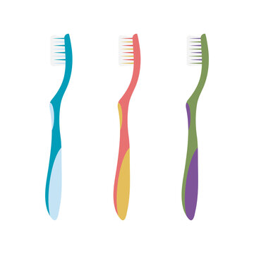 Toothbrush set on white insulated background with different colours. Dentistry concept, oral care. Vector